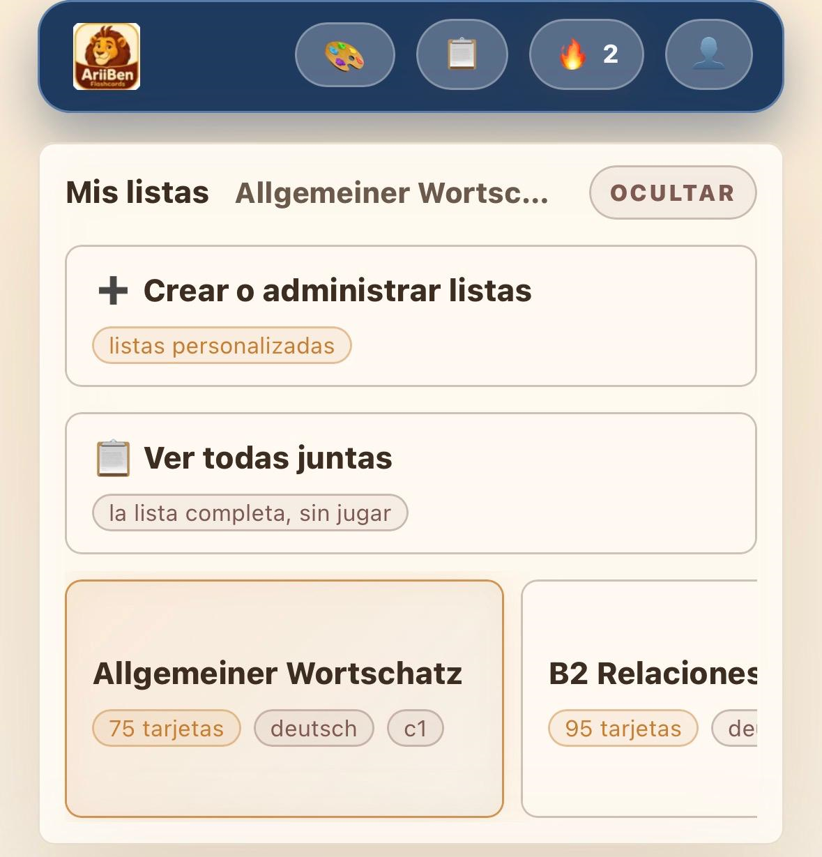 Flashcards Android - listas y progreso